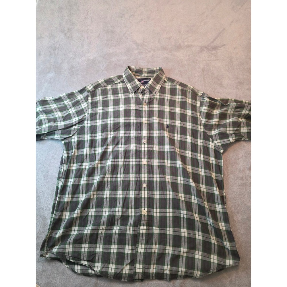Ralph Lauren Sport Button Down Mens XL Green Plaid Short Sleeve Cotton Shirt